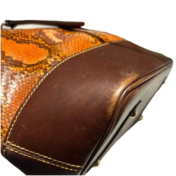 Dooney & Bourke Leather & Python Snakeskin Style Brown & Orange Shoulder Bag - Picture 9 of 16